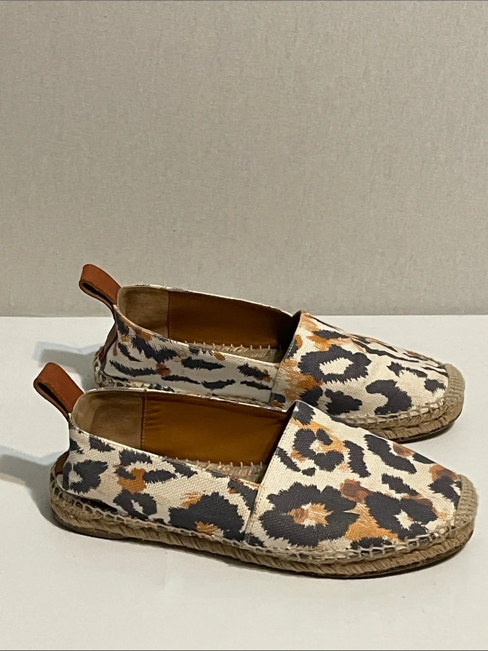 Chloe Leopard Print Espadrille Slip-Ons with Tan Pull Tab - Women. Fits a 8